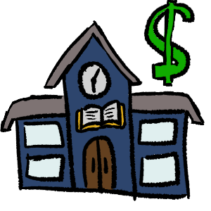 a blue schoolhouse with a grey roof and brown doors in the middle. above that is a open book with a yellow cover and above that is a clock. in the top right is a green dollar sign